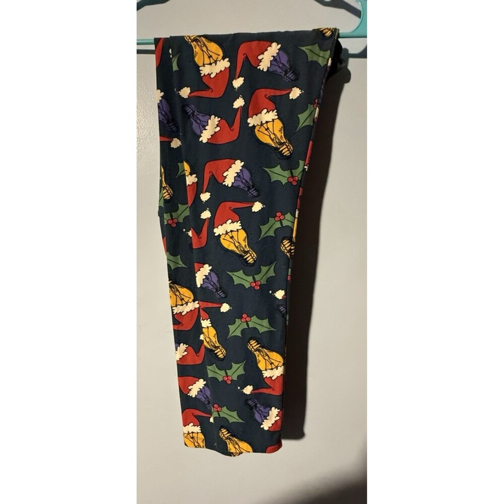 LuLaRoe TC Christmas Leggings Santa Hat Holly Light Bulbs Women's EUC